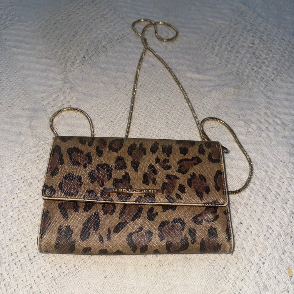 Lauren Ralph Lauren Leopard Print Crossbody Bag Gold Chain Strap Animal Print